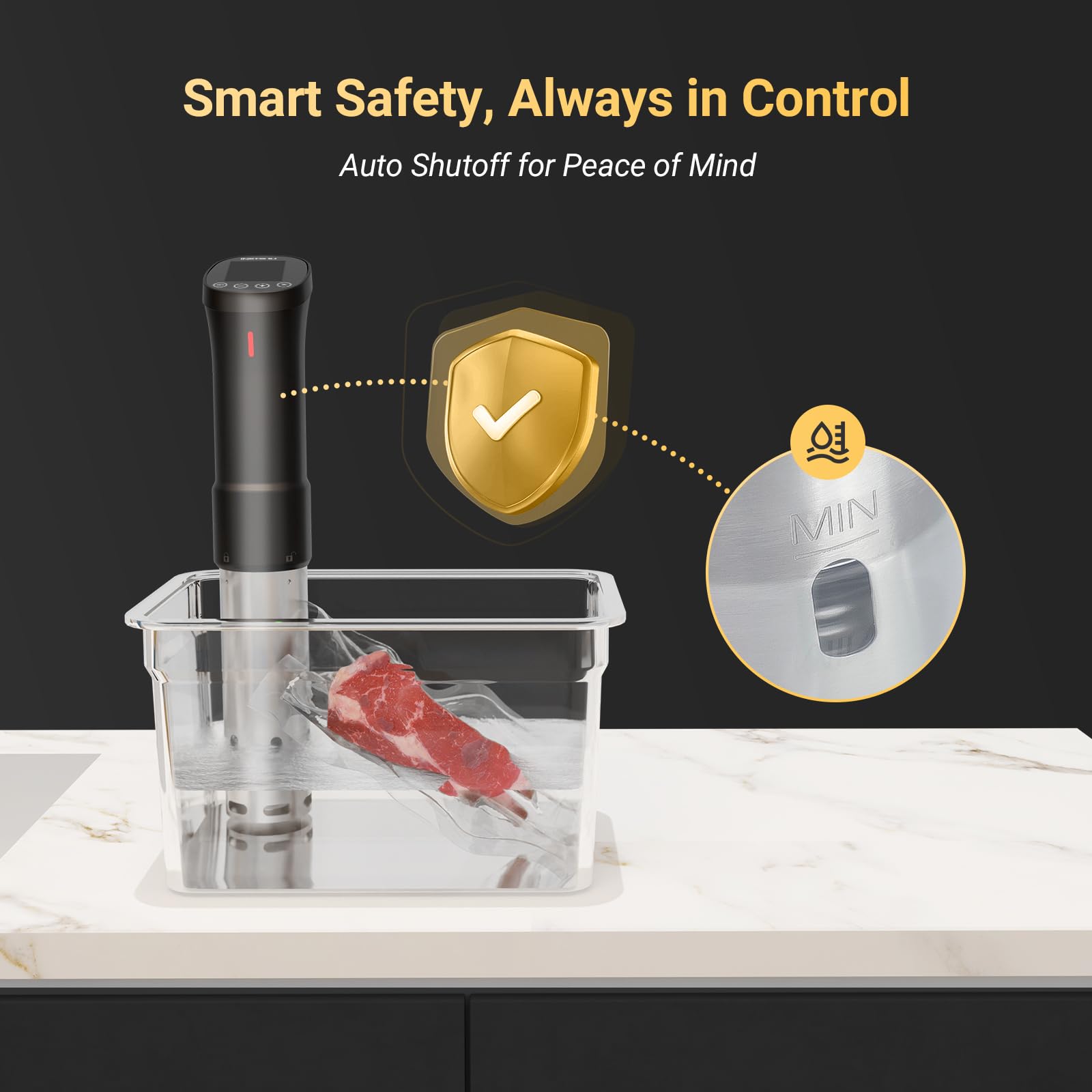 Inkbird sous vide water bath with safety alarms and level indicator.