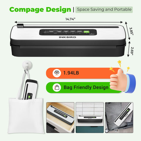 Inkbird sealer compatible with multiple bag types for moisture-rich foods.