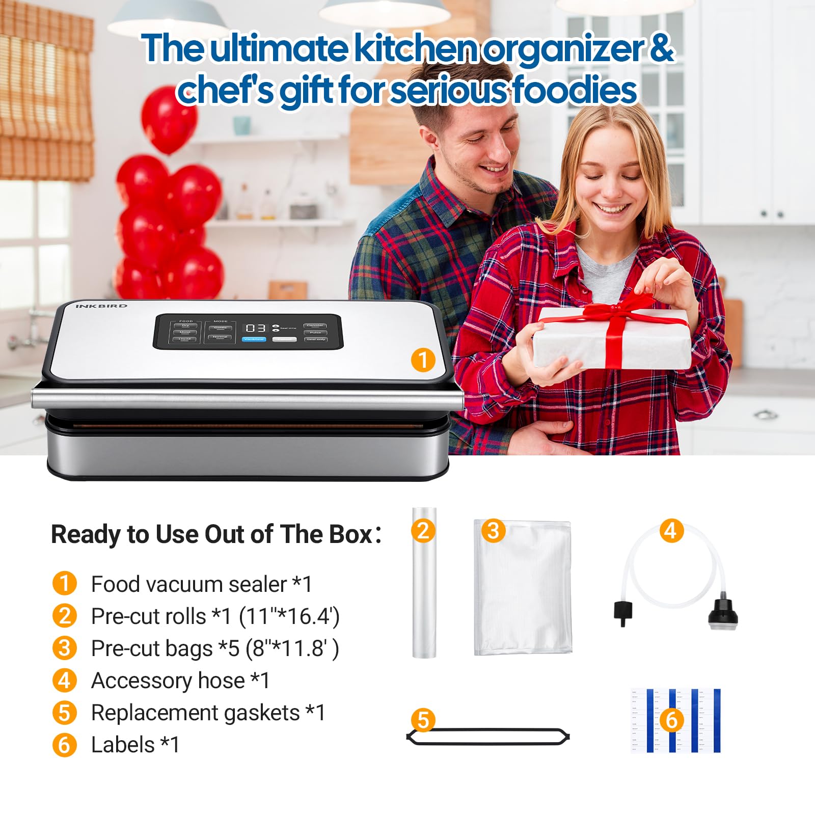 Inkbird vacuum sealer starter kit includes bags, roll, hose and gaskets