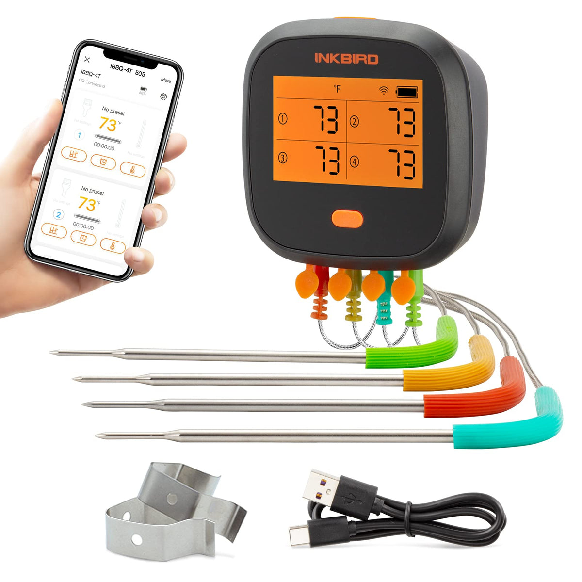 Inkbird WiFi Meat Thermometer with 4 probes for simultaneous monitoring of multiple foods.
