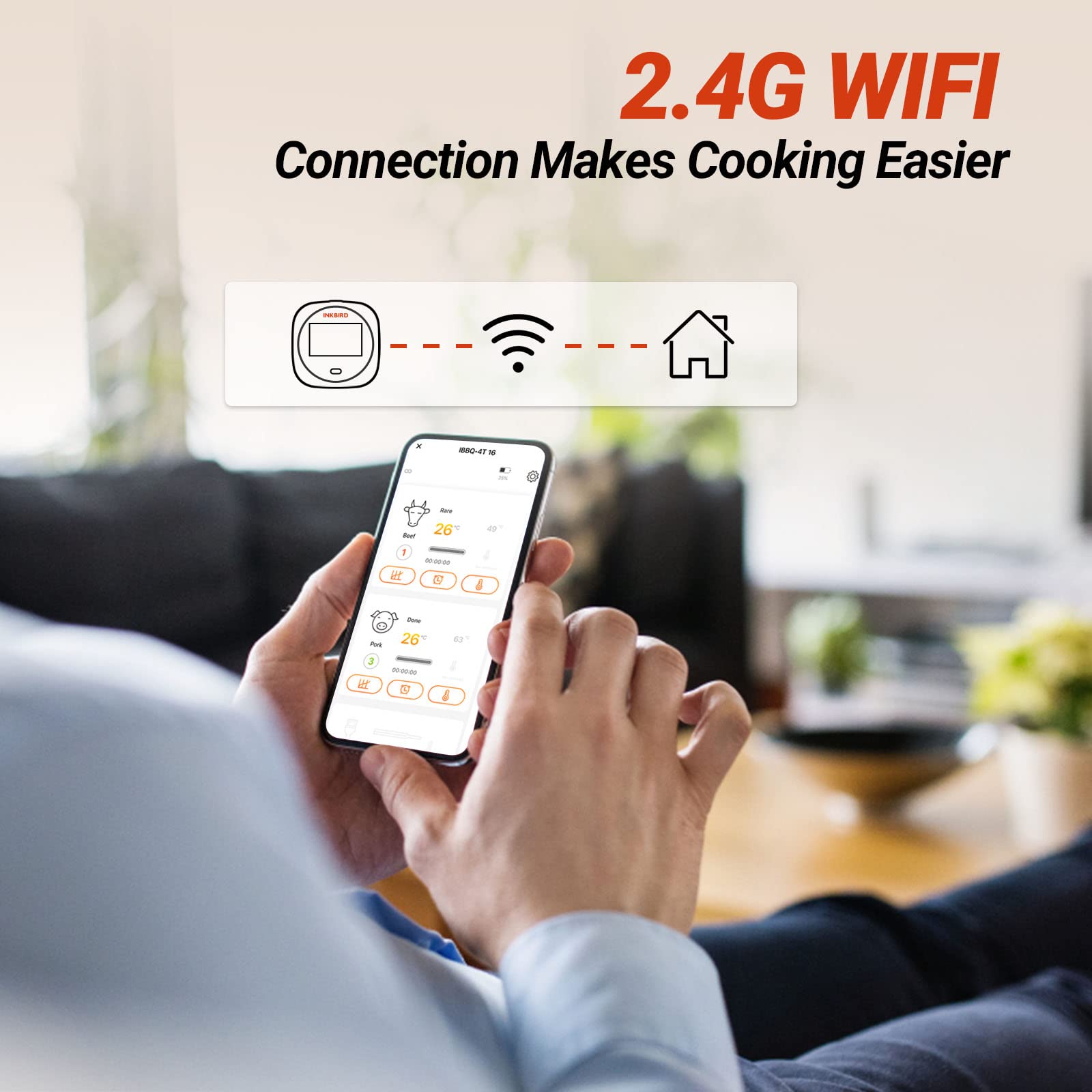 Inkbird app control enables wireless cooking with real-time temperature updates.