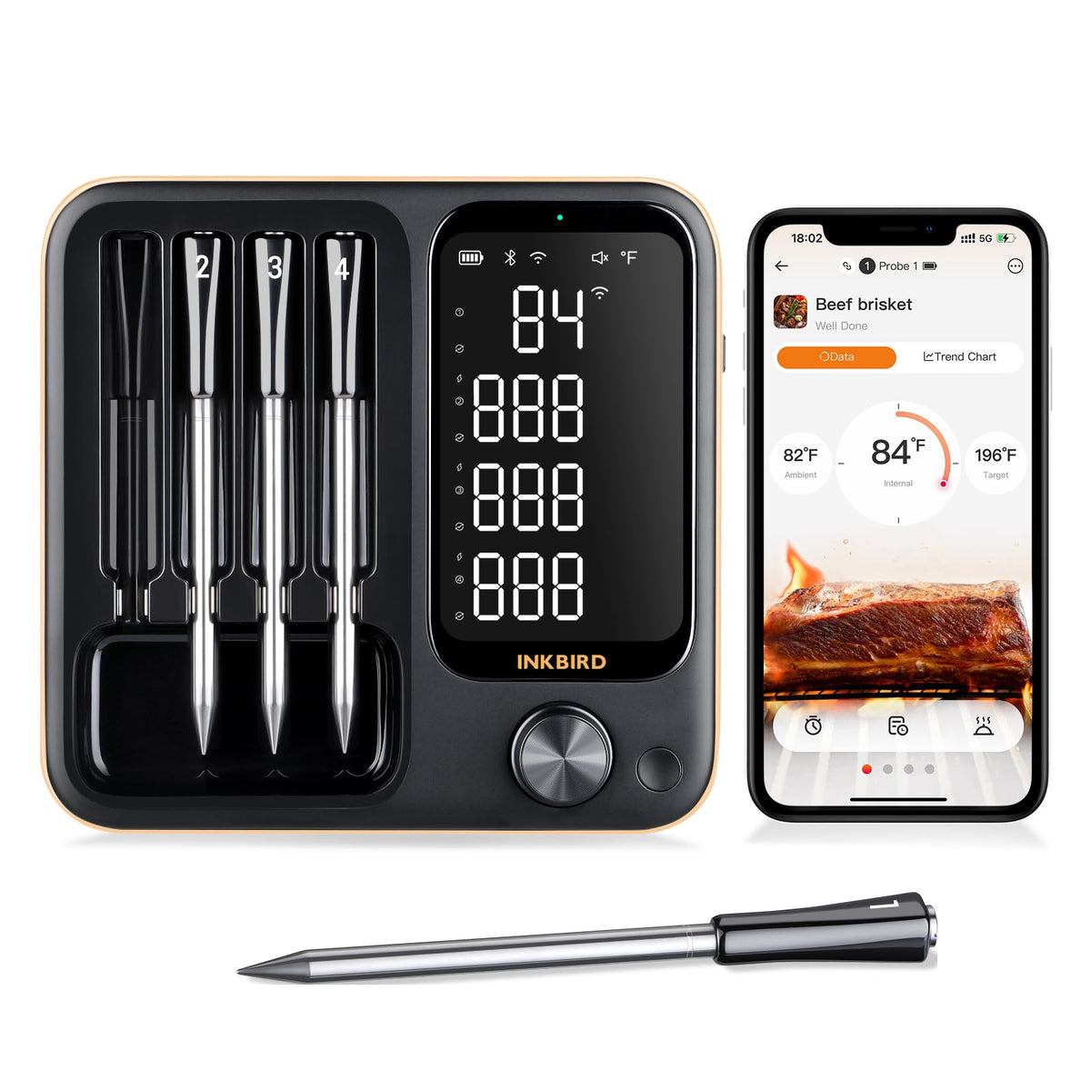 Inkbird wifi meat thermometer front display shows four temperatures at a glance