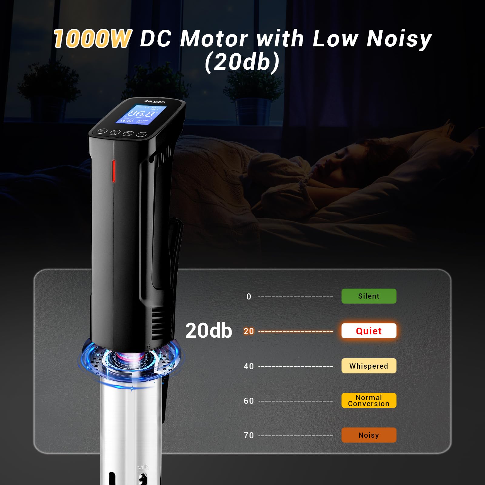 Inkbird wifi sous vide cooker in use with water bath for even cooking.