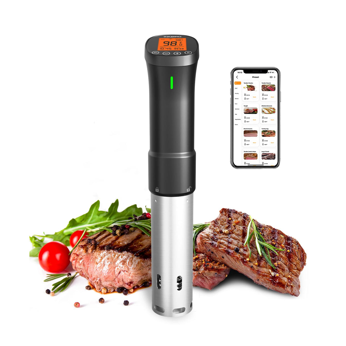 Inkbird WiFi sous vide cooker setup with clamp securing the pot for precise anchoring.