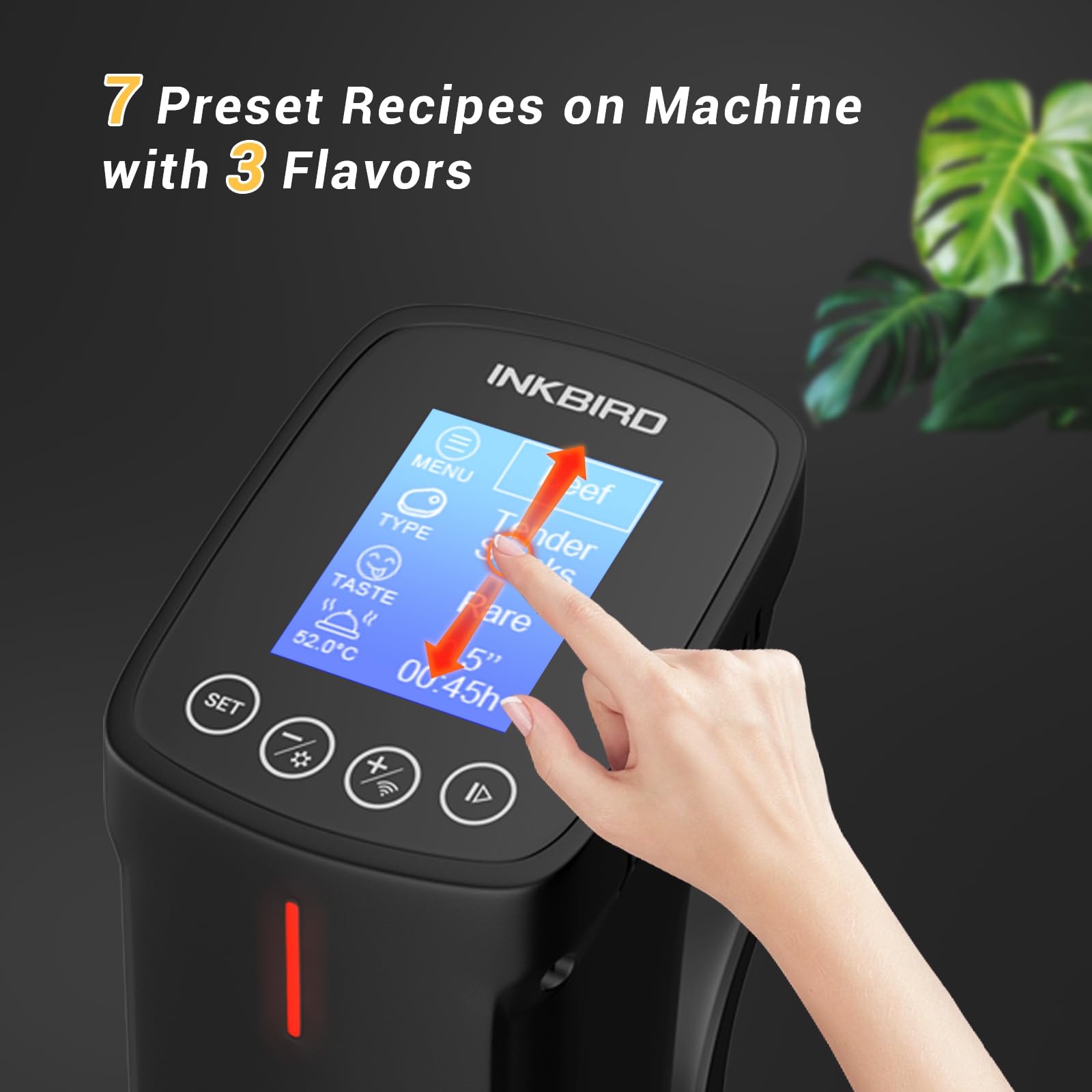 Inkbird wifi sous vide cooker temperature range 77-210°F highlighted.