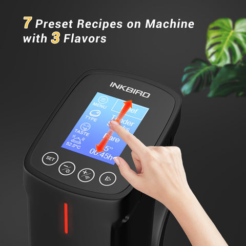 Inkbird wifi sous vide cooker temperature range 77-210°F highlighted.