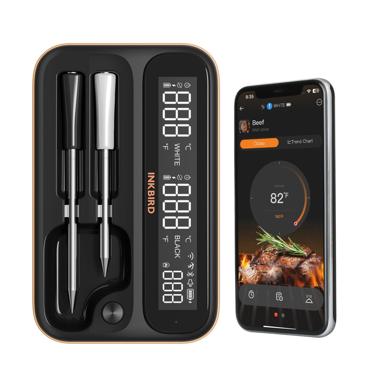 Inkbird WiFi thermometer front view with large backlit LCD for easy readings.