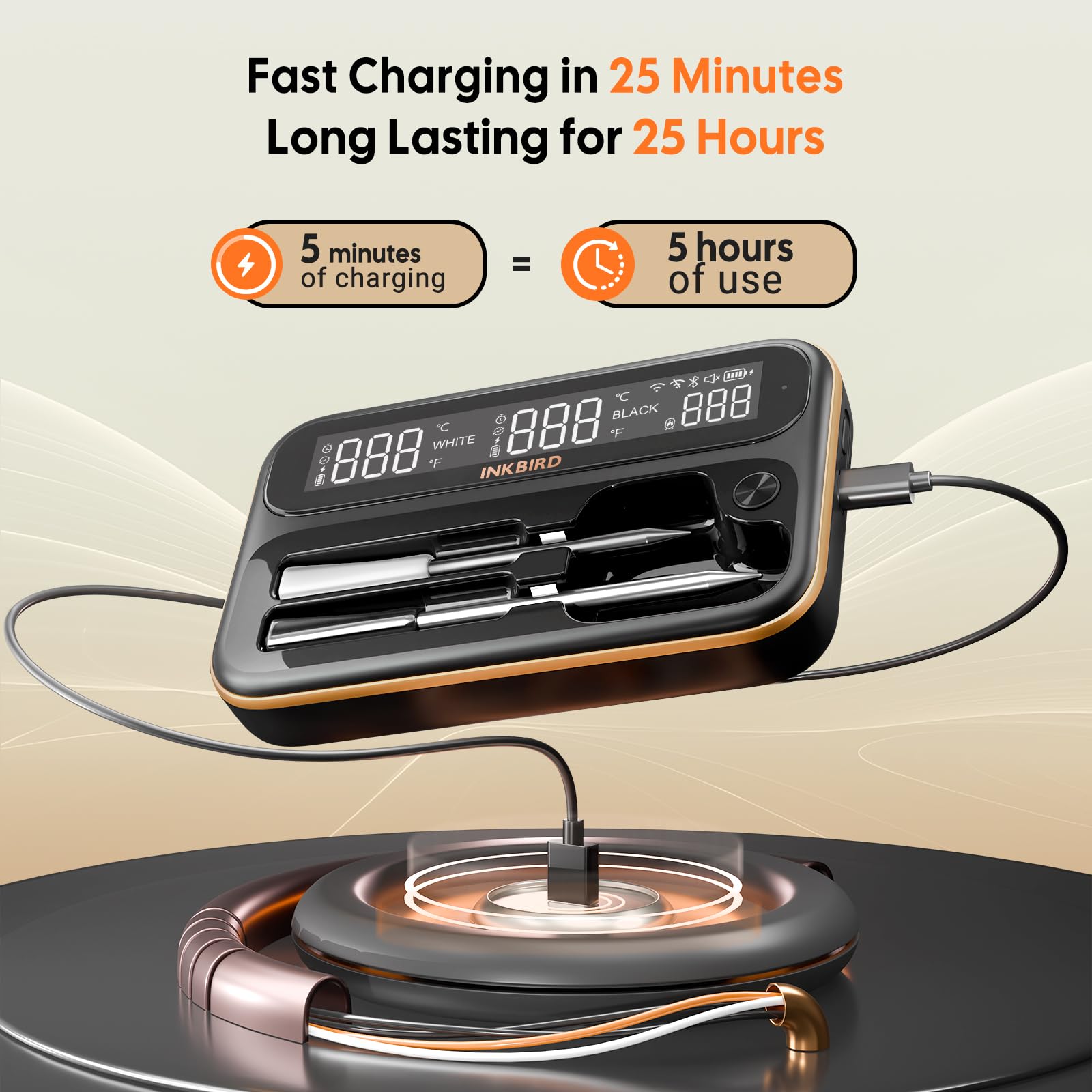Inkbird WiFi thermometer rechargeable battery supports long cooking sessions.