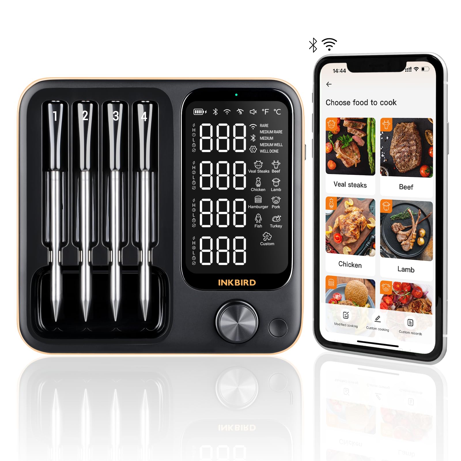 Inkbird wireless meat thermometer front view with four probes for precise grilling.