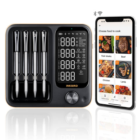 Inkbird wireless meat thermometer front view with four probes for precise grilling.