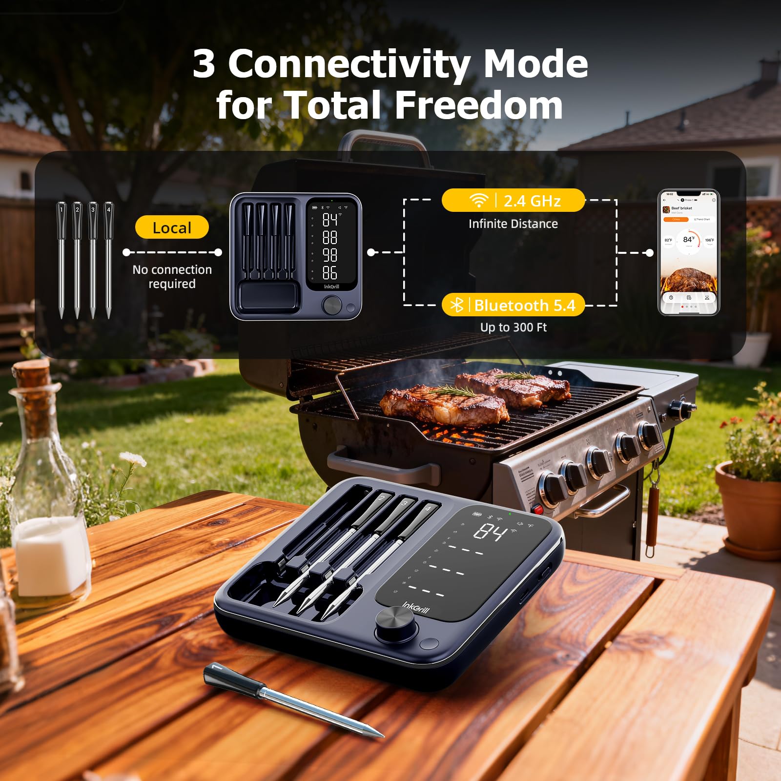 InkGrill four probes setup for monitoring multiple meats simultaneously.