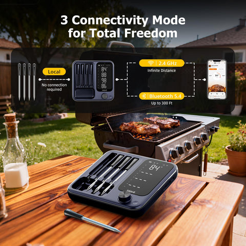 InkGrill four probes setup for monitoring multiple meats simultaneously.