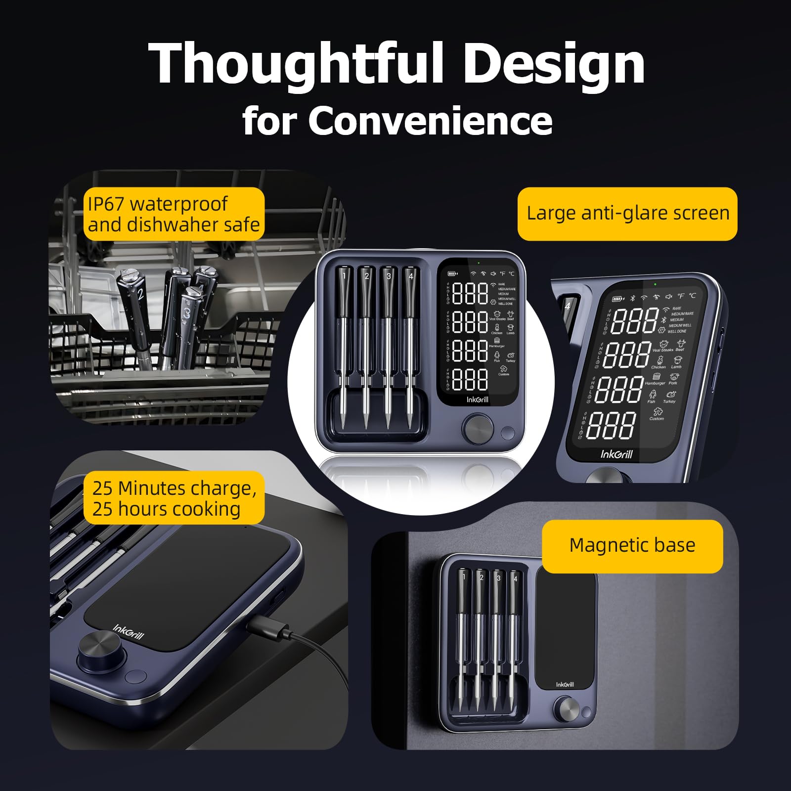 InkGrill IP67 dishwasher-safe probes for easy cleaning.