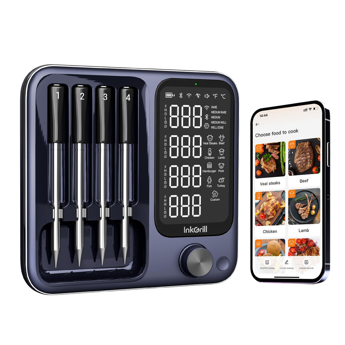 InkGrill wireless thermometer base with magnetic mount for hands-free control.