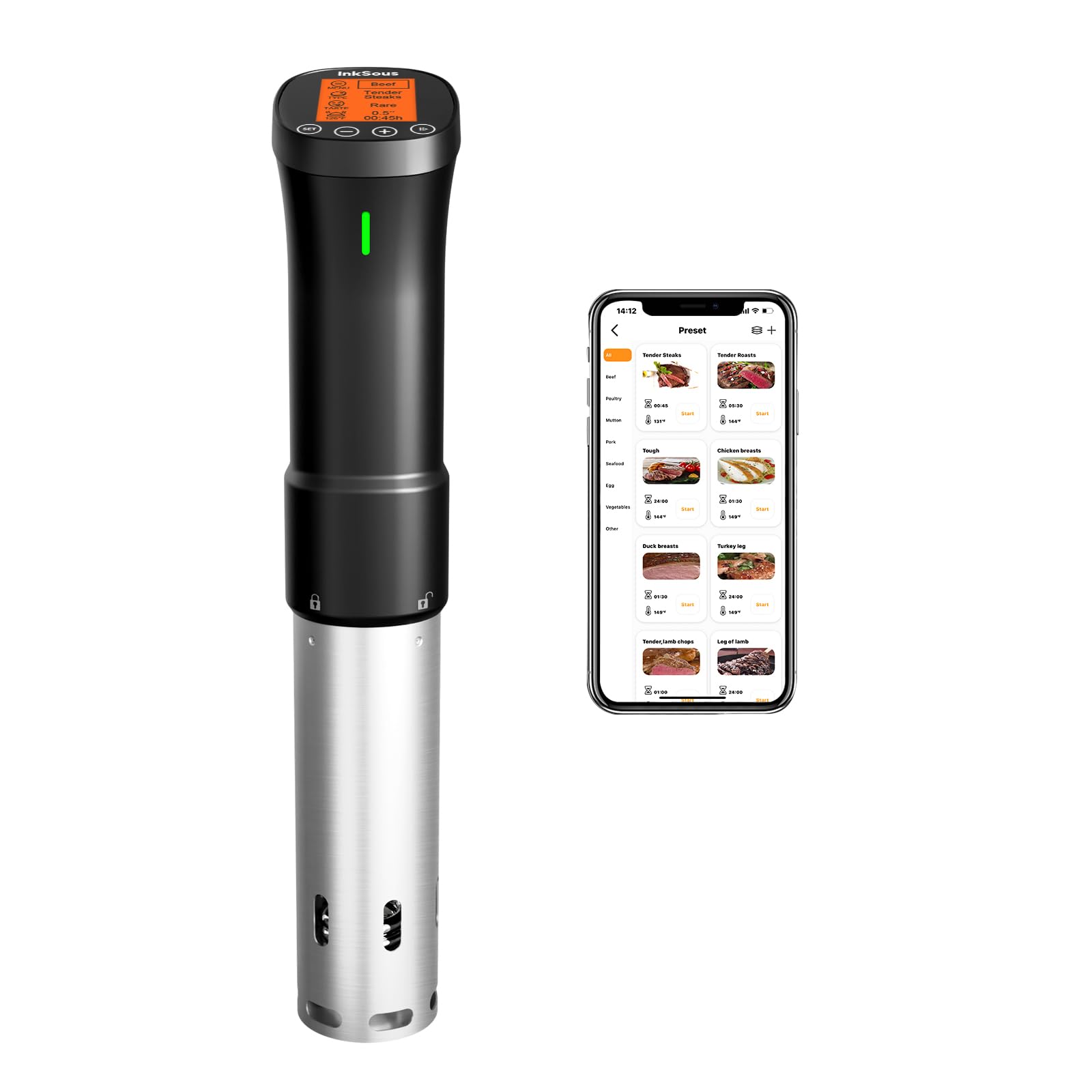 InkSous WIFI sous vide cooker on counter enabling precise low-temperature cooking at home.