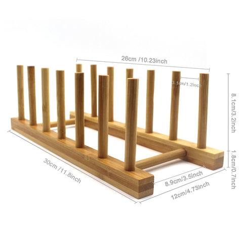 INNERNEED bamboo dish rack front view highlights 6-slot organization for plates and lids.