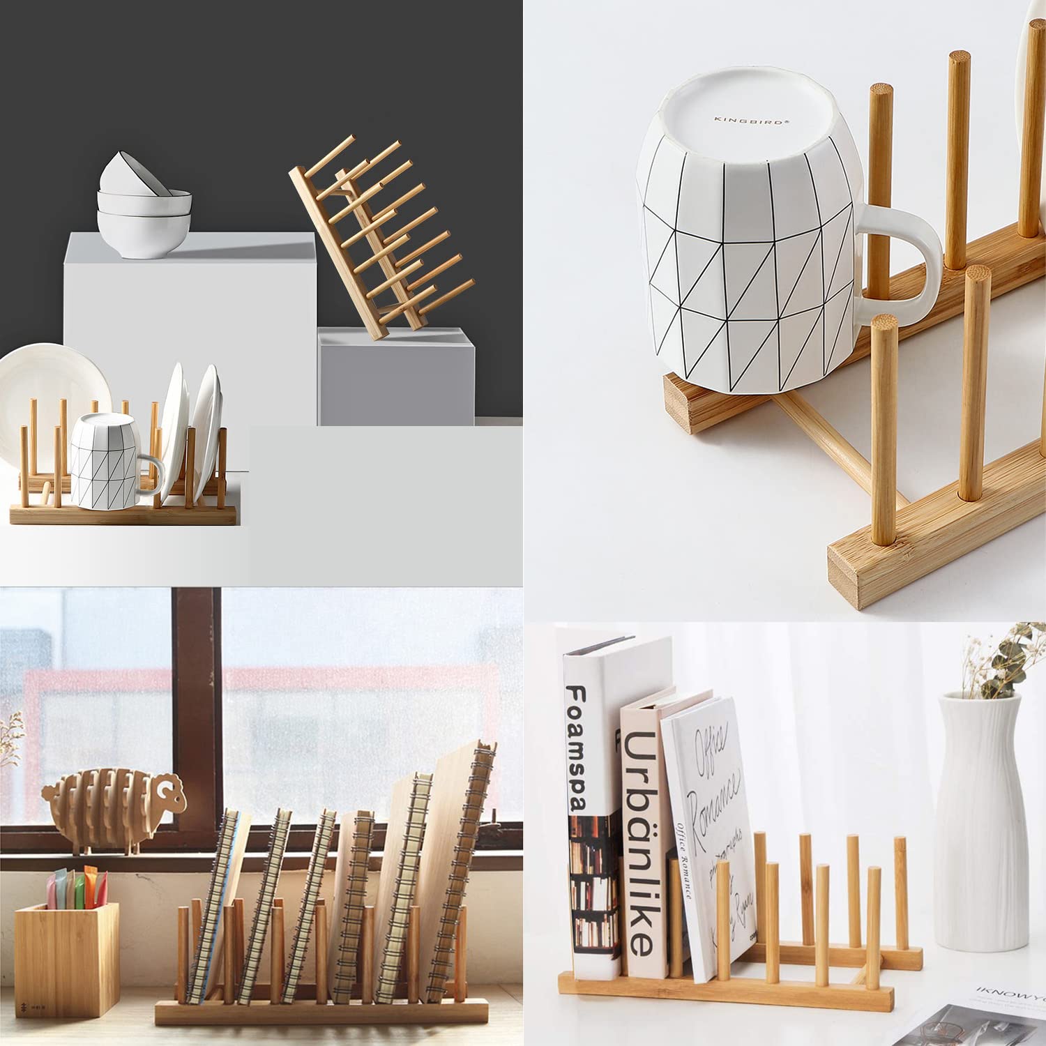 INNERNEED bamboo dish rack in cabinet maximizes countertop space and easy access.