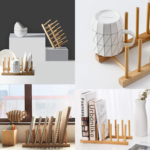 INNERNEED bamboo dish rack in cabinet maximizes countertop space and easy access.