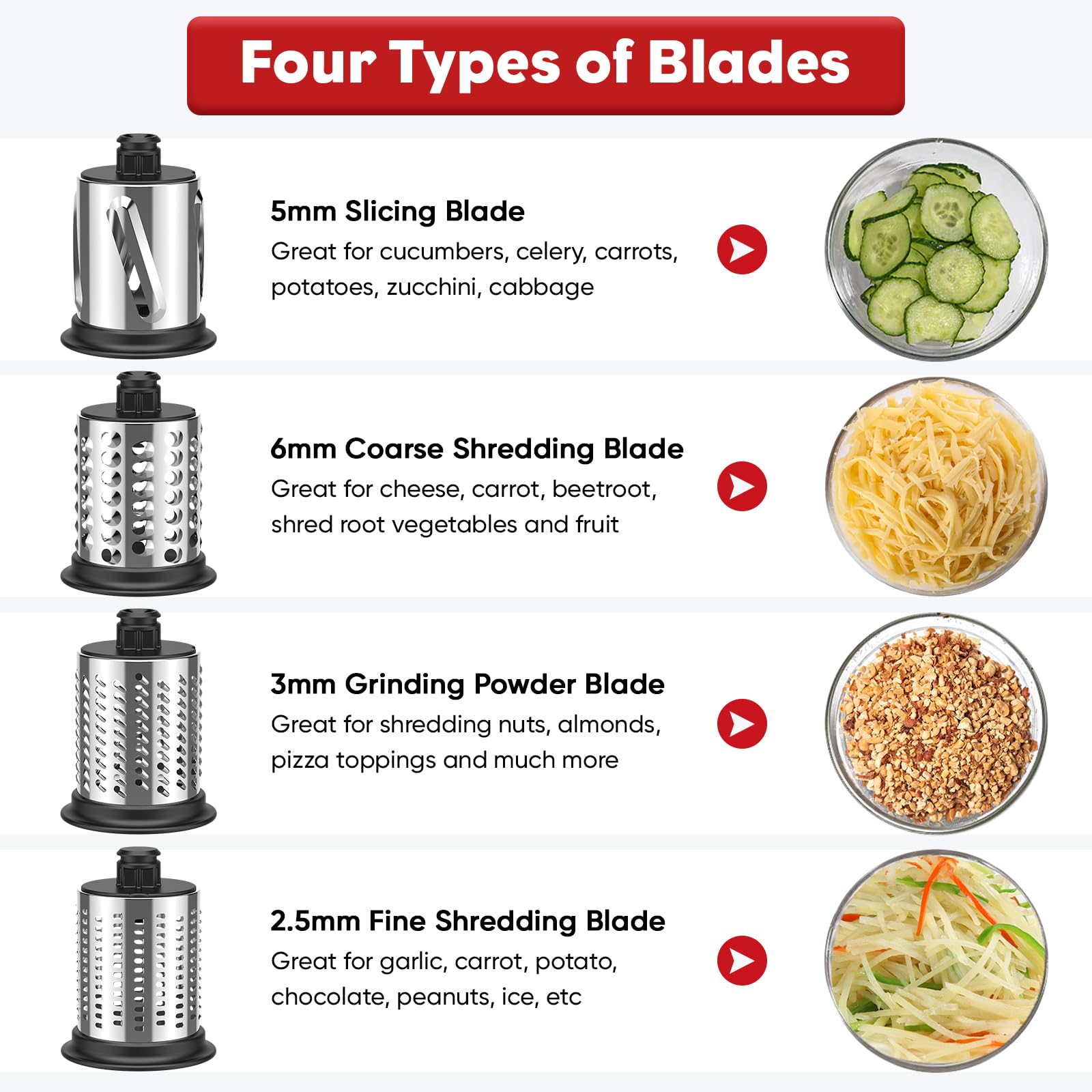 InnoMoon 5mm slicing blade creates uniform slices for salads.
