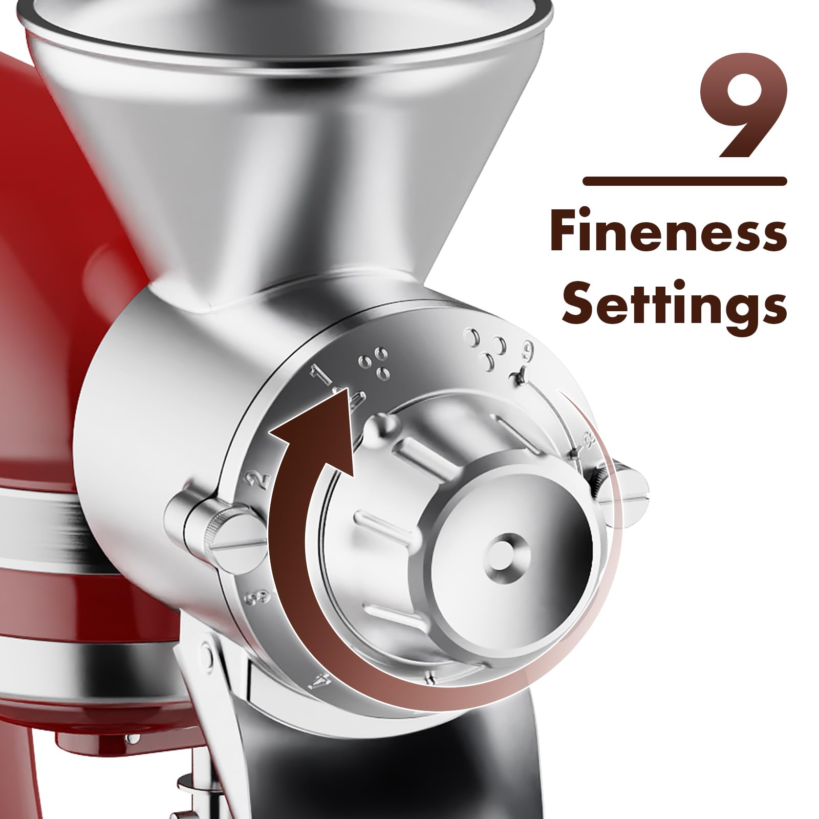 Dial with nine levels for coarse-to-fine grinding on dry non-oily grains.