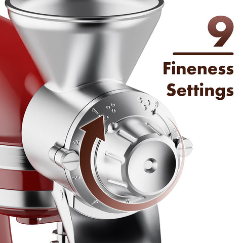 Dial with nine levels for coarse-to-fine grinding on dry non-oily grains.