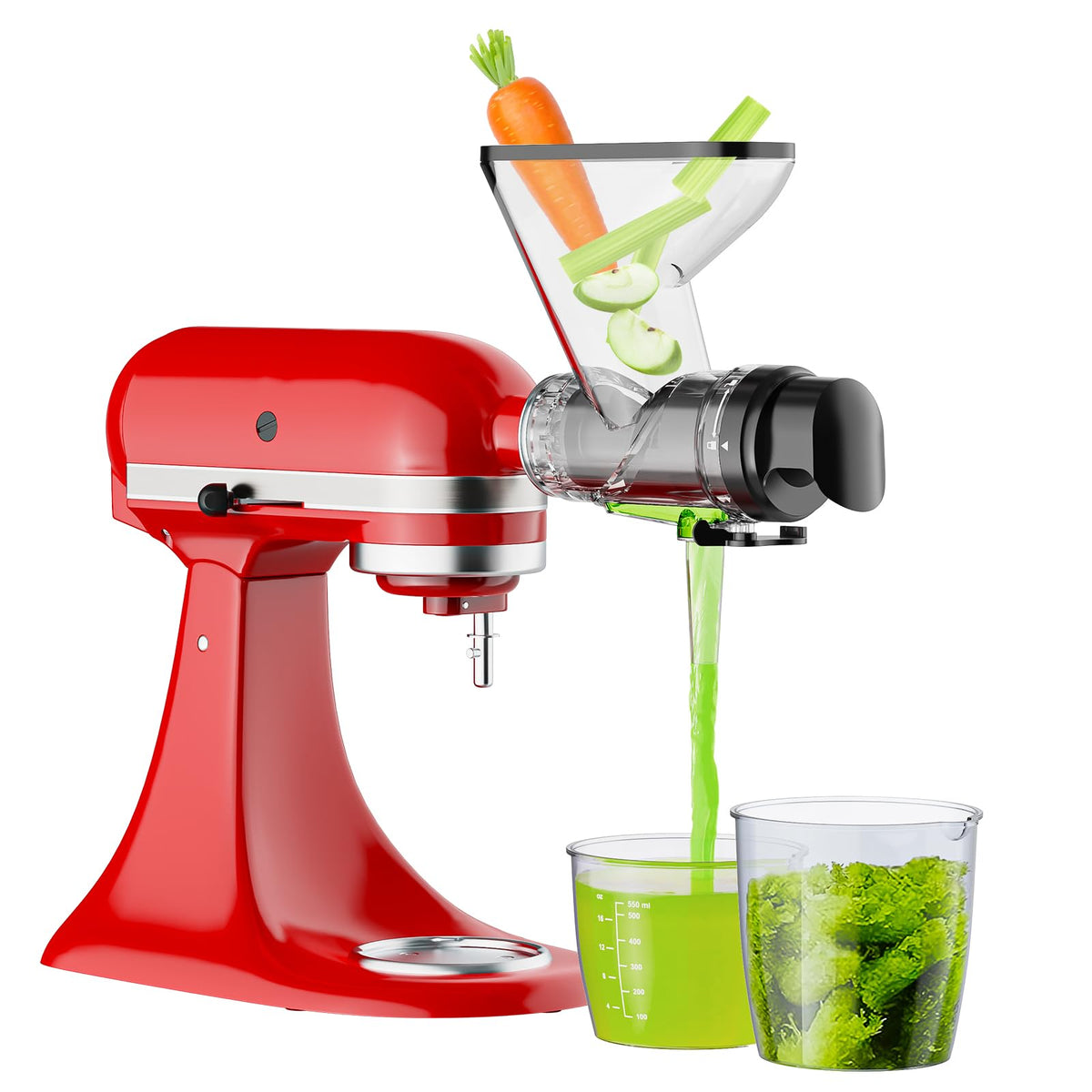 InnoMoon masticating juicer attachment for KitchenAid with dual feed chutes for quick prep
