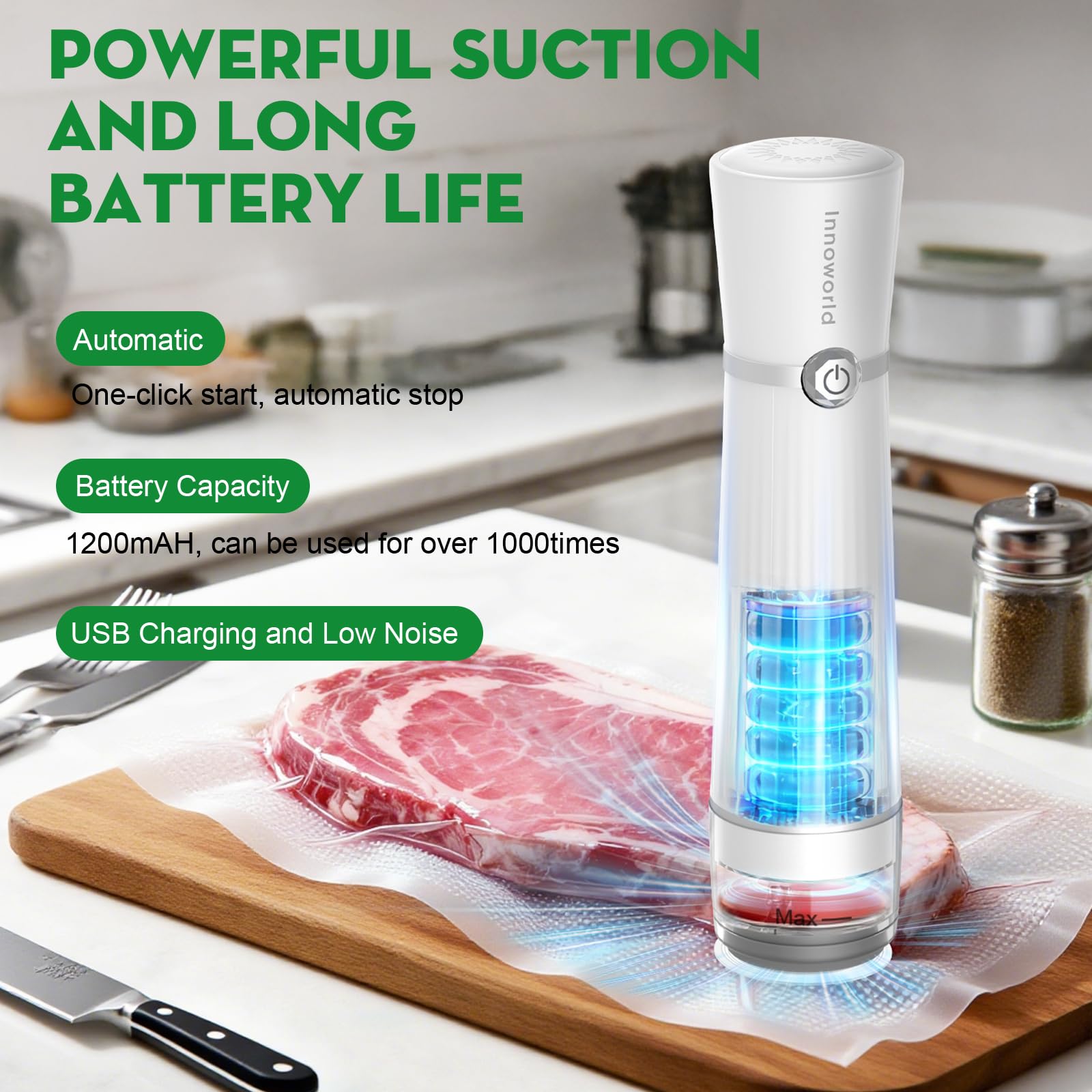 Innoworld rechargeable battery powers long, portable sealing sessions.