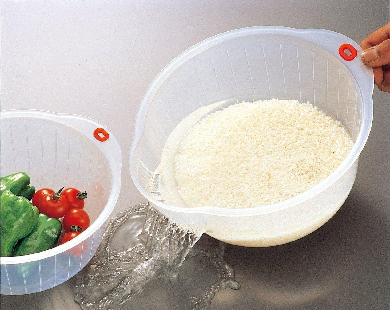 Inomata Rice Speed Washing Bowl with drainers; quick rinsing under running water.