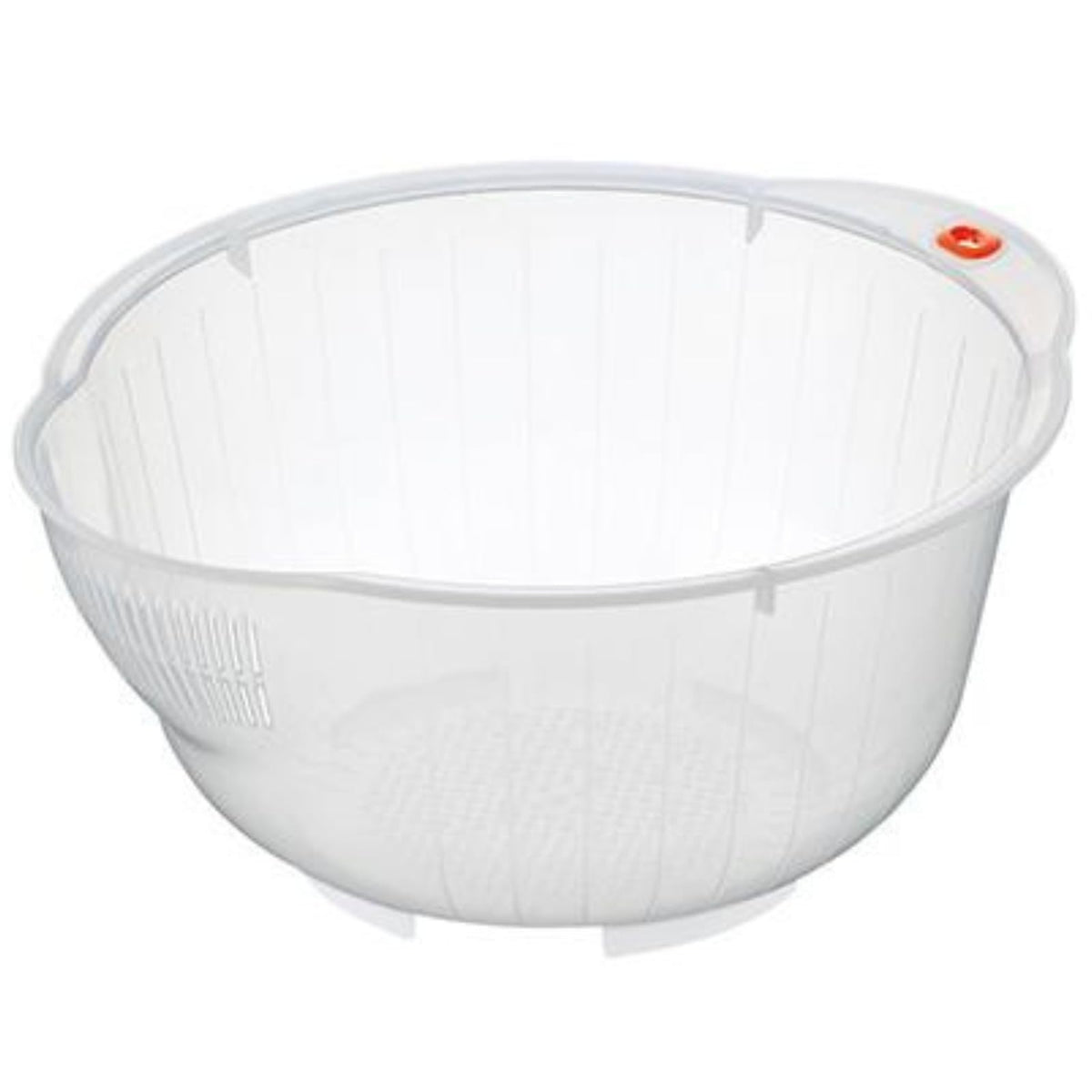 Inomata rice washing bowl with side drain for quick rinsing.