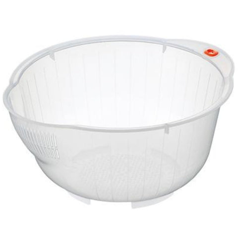 Inomata rice washing bowl with side drain for quick rinsing.