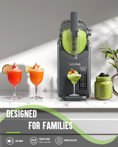 INOVIVA Slushie Machine rotating blades close-up highlights smooth texture results.