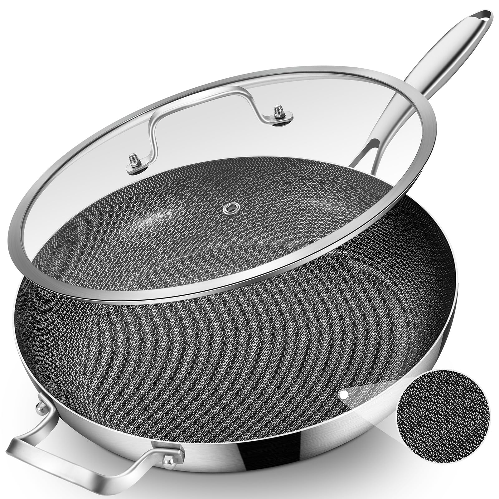 Inqibee 14.5-inch hybrid ceramic pan with lid, tri-ply for even heat.