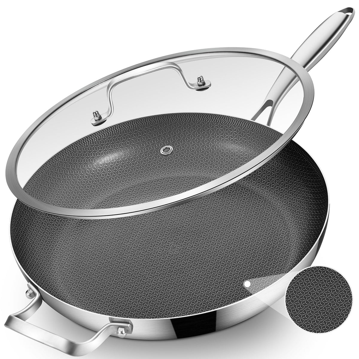 Inqibee 14.5-inch hybrid ceramic pan with lid, tri-ply for even heat.