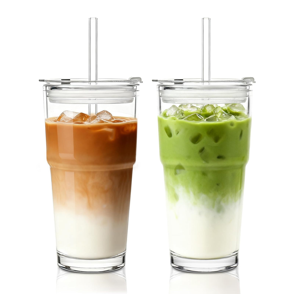 INSETLAN 20oz glass cup with lid and straw for leak-proof iced drinks.