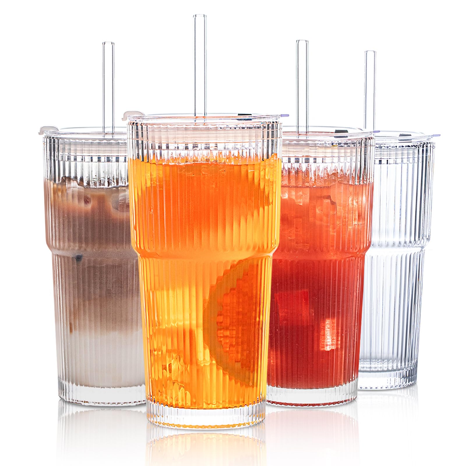 INSETLAN 20 oz ribbed glass tumbler with lid and straw for on-the-go beverages