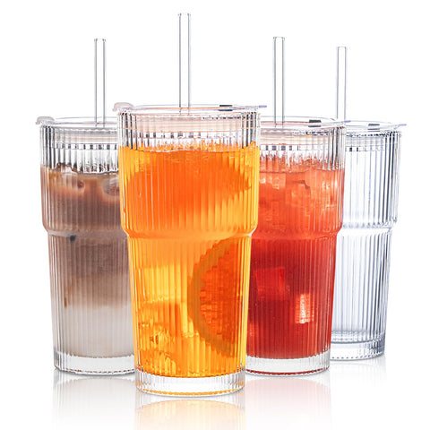 INSETLAN 20 oz ribbed glass tumbler with lid and straw for on-the-go beverages