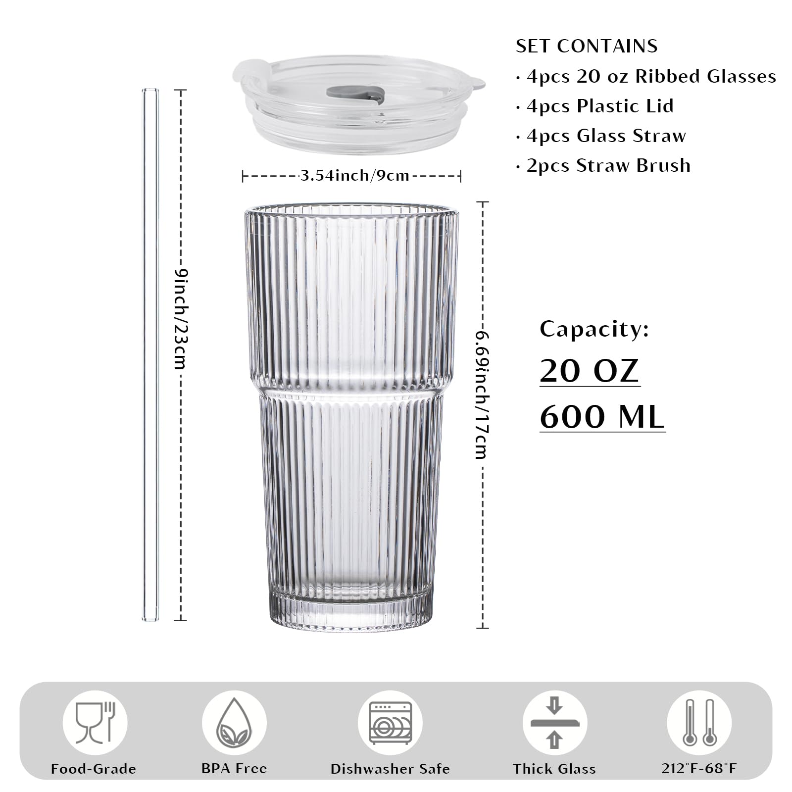INSETLAN ribbed glass tumbler with lid and straw keeps iced coffee portable