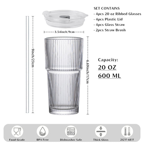 INSETLAN ribbed glass tumbler with lid and straw keeps iced coffee portable