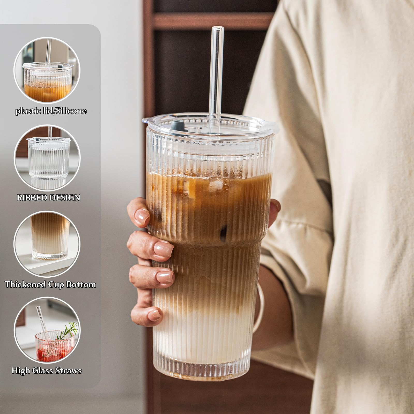 INSETLAN four-piece tumbler set with lids and glass straws for entertaining