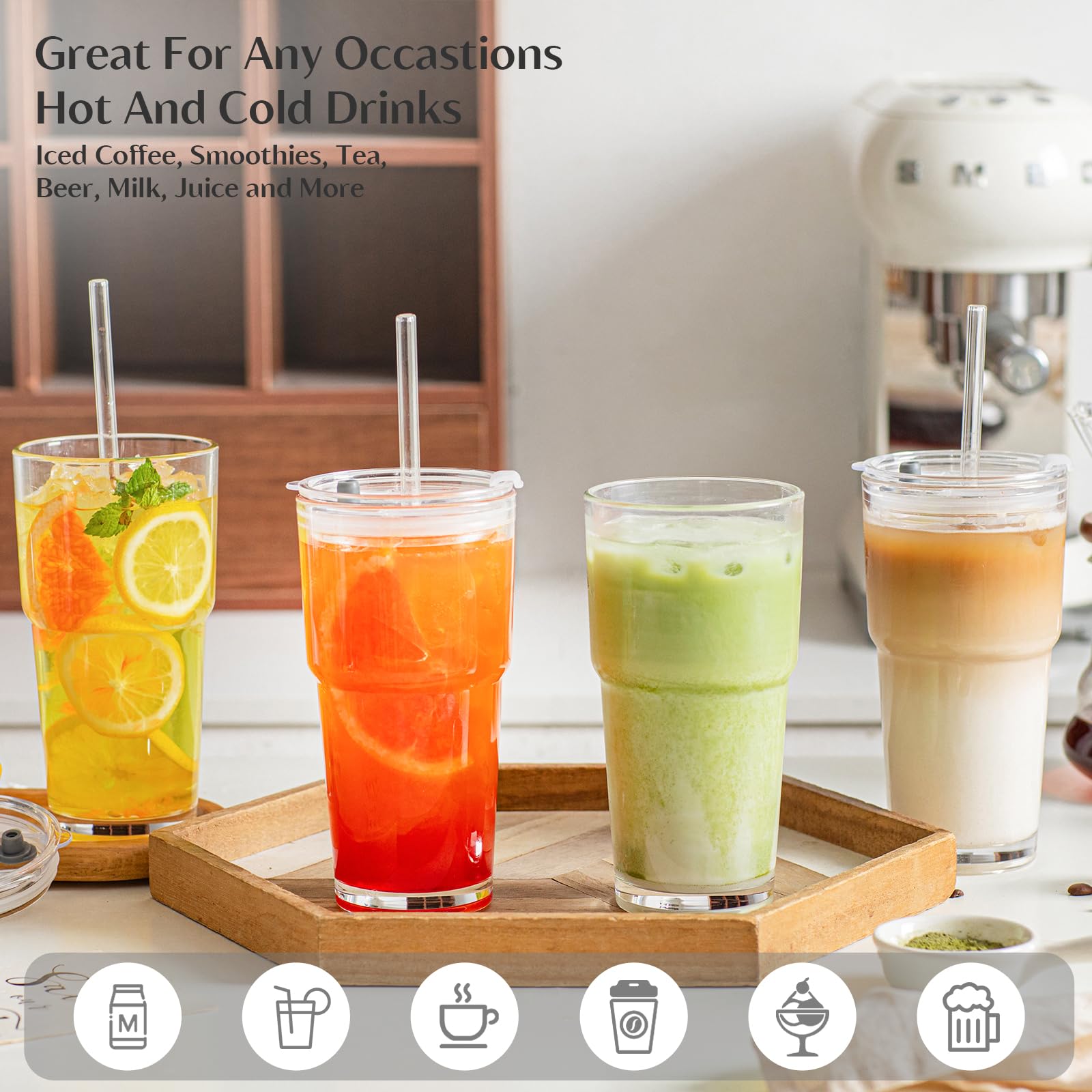 INSETLAN car-friendly glass cup fits most cup holders during travel.