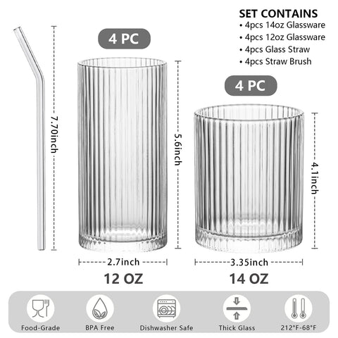 INSETLAN highball glasses, 12oz, clear ribbed design for refreshing drinks.