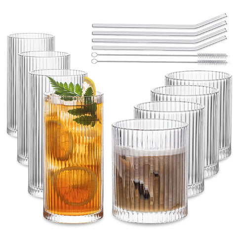 INSETLAN vintage glassware set, eight-piece display for elegant home entertaining.