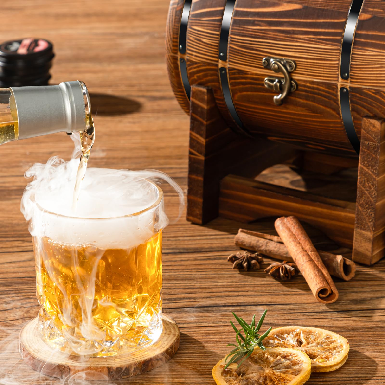 Display barrel doubles as an organizer for a tidy home bar.
