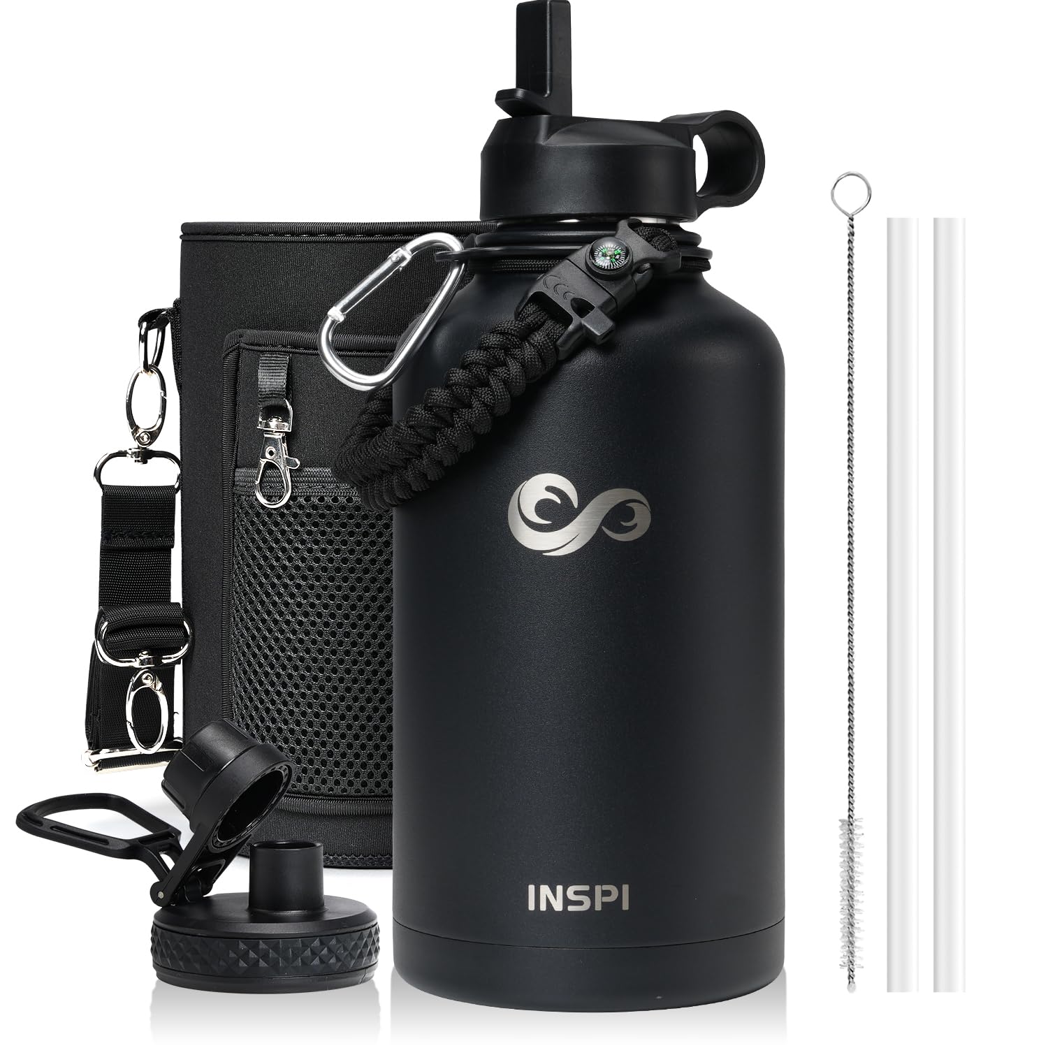 INSPI bottle 64oz with paracord handle and compass for trekking
