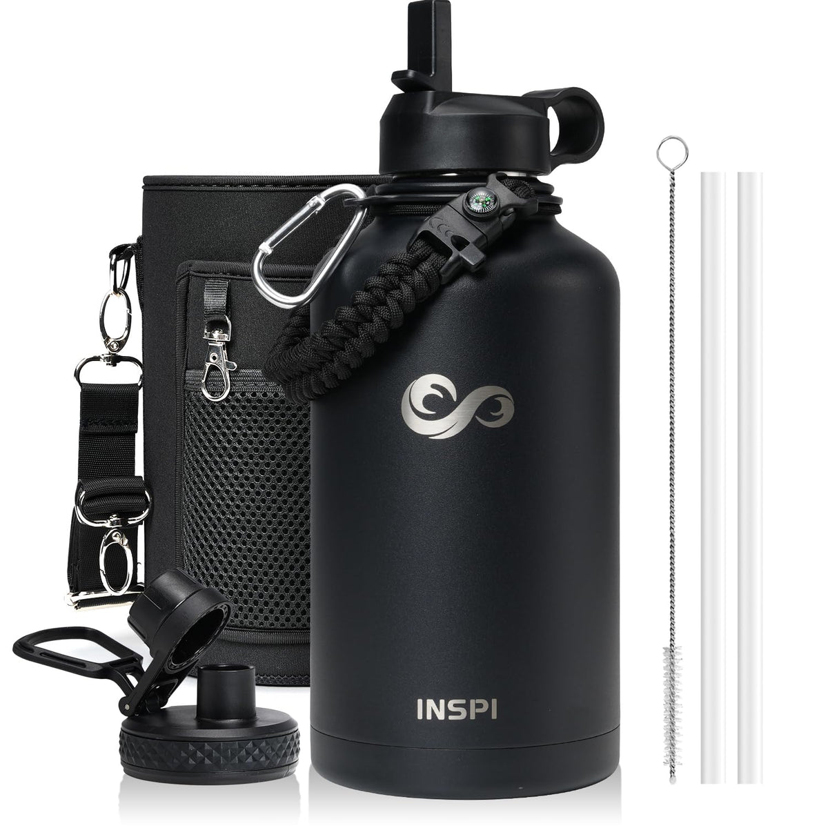 INSPI bottle 64oz with paracord handle and compass for trekking