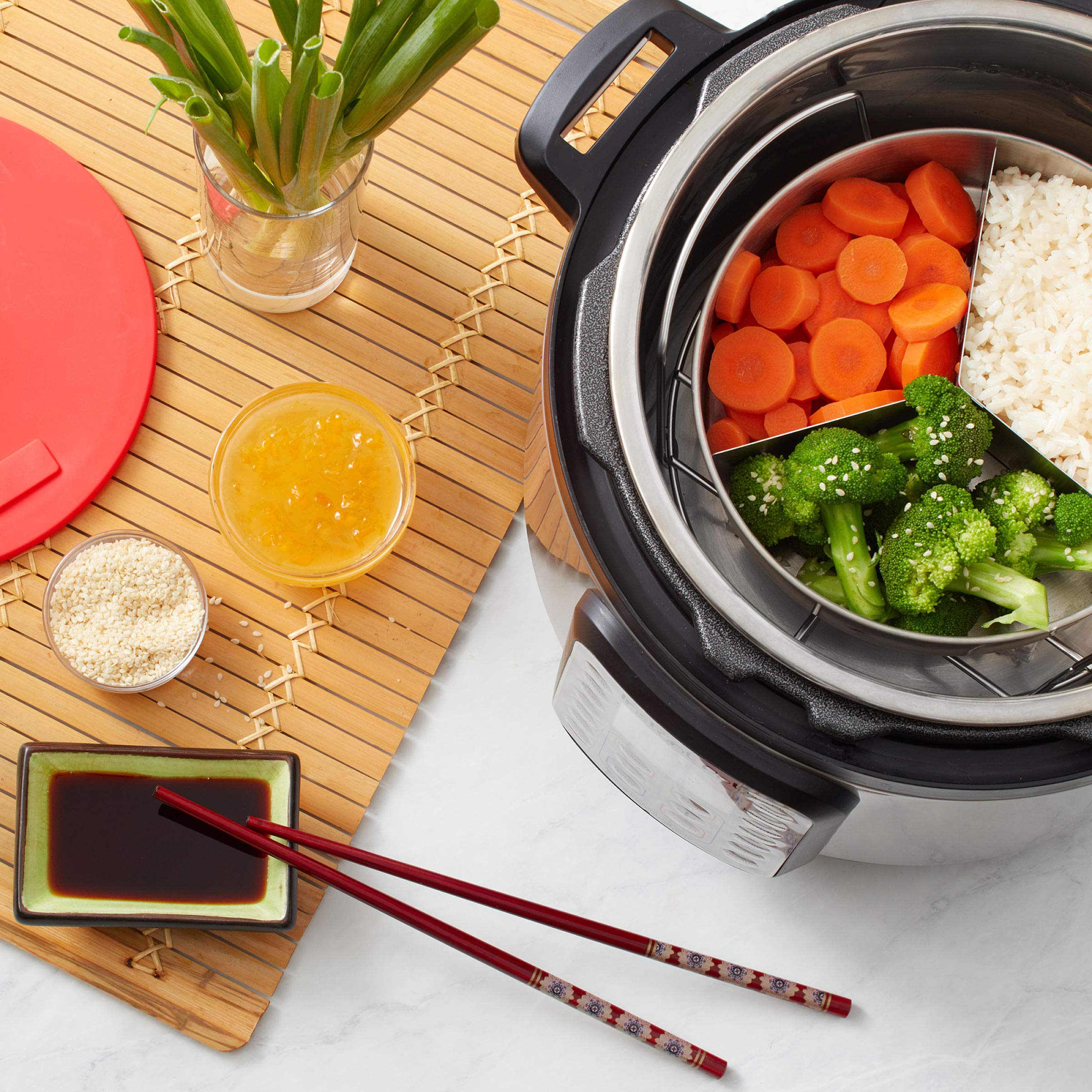 Instant Pot pan fits 6-quart and 8-quart cookers for flexibility.