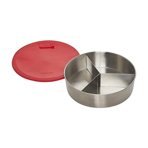Instant Pot round nonstick pan with lid for safe storage and even cooking.
