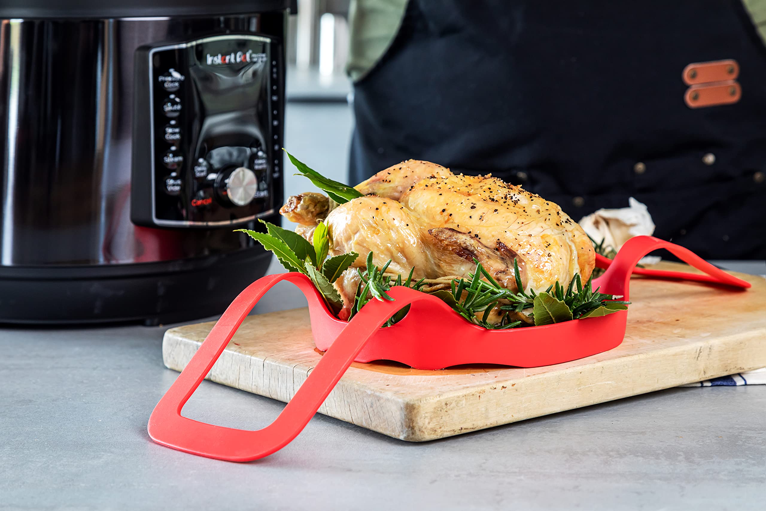 Instant Pot sling with secure-lock handles tucked under the lid.