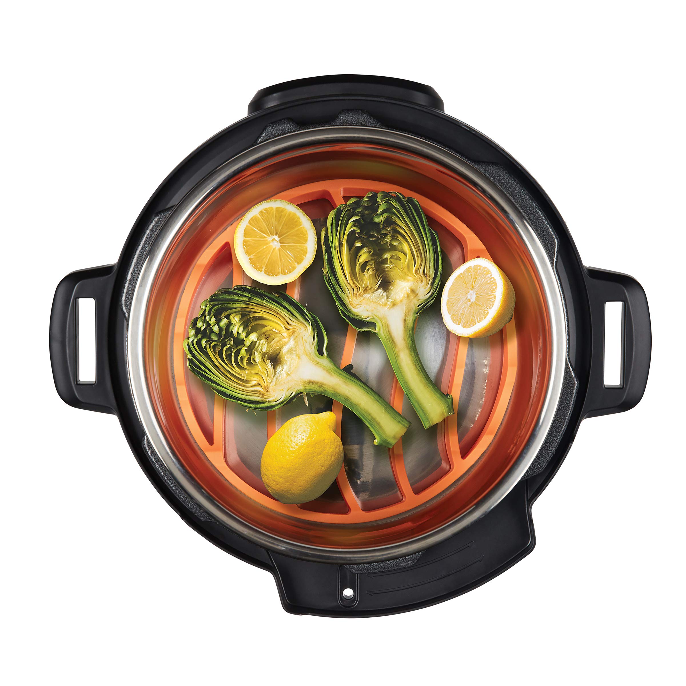 Instant Pot silicone roasting rack shown as dishwasher-safe for easy cleanup.