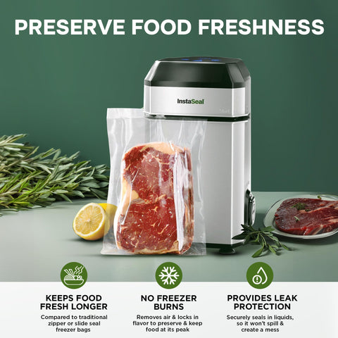 Instaseal upright design vacuum sealer demonstrates compact footprint on counter.